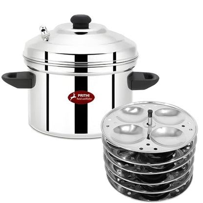 Image 1 of 6 Plate Idli Cooker ( 24 Idlies) for the product Prithi Home's and Kitchen Stainless Steel Idli Cooker/Idli Maker 6 plate 24 Idlies for home (6 Plate Idli Cooker 24 Idlies) - ICM Model