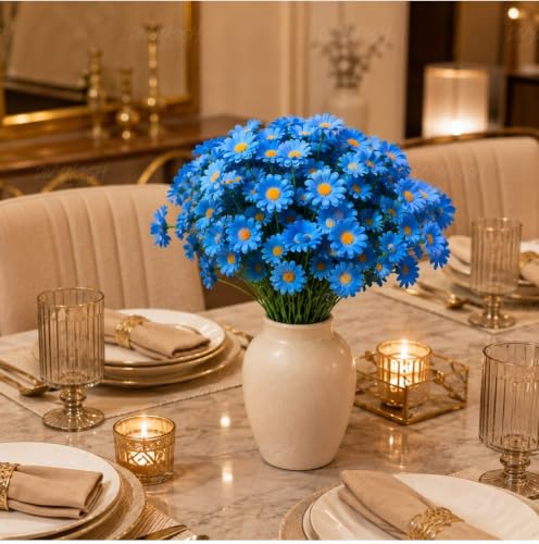 Image 5 of Divyakosh Artificial Daisy Flowers Bunch for Home Decor, Pack of 5 with 150 Blue Flowers, Faux Floral Arrangement for Vase, Living Room, Wedding, Festive & Party Decoration