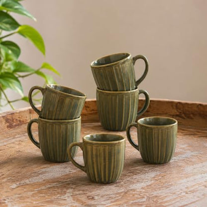 Image 1 of Default Title for the product ExclusiveLane Sage Ribbed Ceramic Tea Cups Set of 6 190 ml