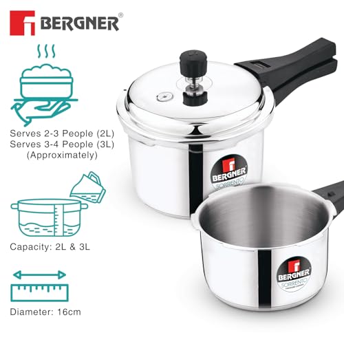 Image 5 of BERGNER Sorrento Stainless Steel Outer Lid Pressure Cooker Combo - 2 Litre and 3 Litre