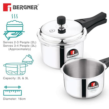 Image 5 of BERGNER Sorrento Stainless Steel Outer Lid Pressure Cooker Combo - 2 Litre and 3 Litre