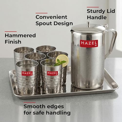 Image 6 of HAZEL Steel Jug with Hammered Glasses and Tray Combo of 8