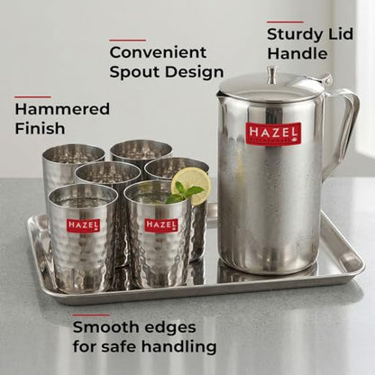 Image 6 of HAZEL Steel Jug with Hammered Glasses and Tray Combo of 8