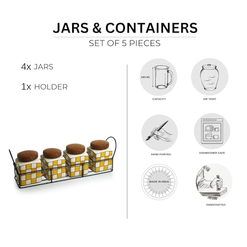 Image 6 of ExclusiveLane Shatranj Checkered Multi Utility Ceramic Jars for Kitchen Storage with Iron Holder Set of 4 240 ml