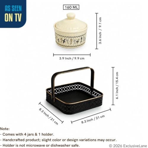 Image 6 of ExclusiveLane Whispers of Warli Ceramic Pickle Jars with Iron Holder Set of 4 160 ml