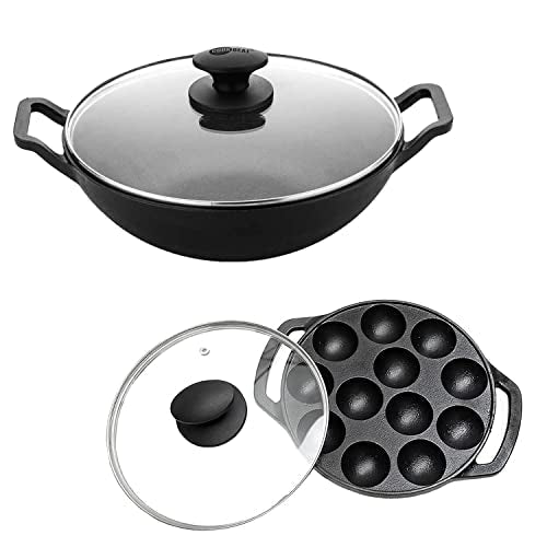 Image 1 of Default Title for the product COOKBEAT Cast Iron Paniyaram Pan with Lid & Kadai Combo