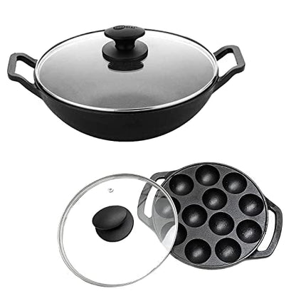 Image 1 of Default Title for the product COOKBEAT Cast Iron Paniyaram Pan with Lid & Kadai Combo