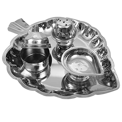 Image 3 of Spillbox Traditional Handcrafted Stainless Steel Thali kumkum Plate for Pooja/Worship-Bowl-Dhoop-Diya(Silver)