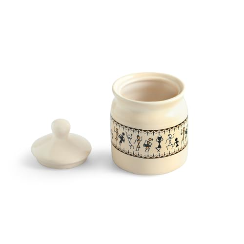 Image 4 of ExclusiveLane Warli Tales Handcrafted Ceramic Pickle Jar With Wooden Tray (Set of 4, 230 ML)