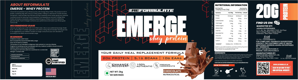 Image 4 of Reformulate Emerge I Whey Protein I Your Daily Meal Replacement Formula I 20 G I Protein I 5.1 G Bcaa's I 10 G Eaa's - Chocolate