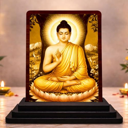Image 1 of Default Title for the product 4x5 Inch Buddha Wooden Idol with HD Print | Golden Glow Desk & Temple Decor
