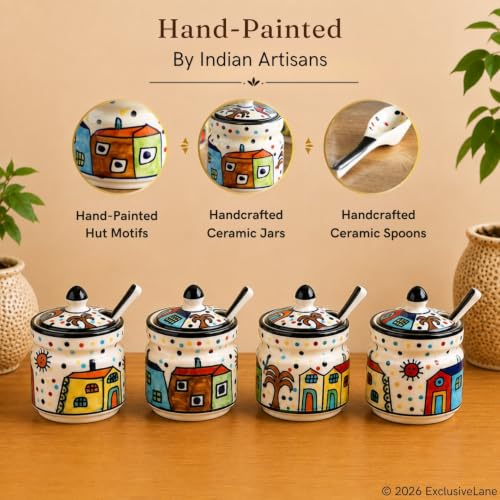 Image 2 of ExclusiveLane The Hut Ceramic Pickle Jars with Spoon Set of 4 280 ml Multicolor