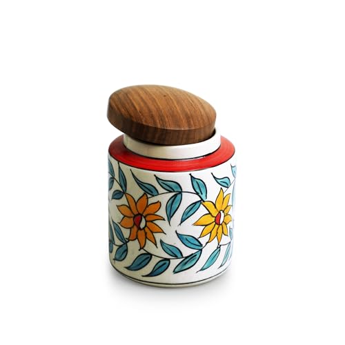 Image 3 of ExclusiveLane Persian Floral Multi Utility Storage Ceramic Jars with Wooden Lid Set of 2 600 ml