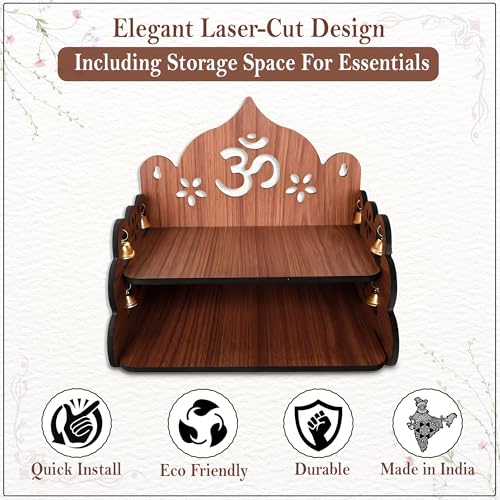 Image 5 of GLUN Small Pooja Mandir for Home Wall Mount & Tabletop Wooden Temple with Bells