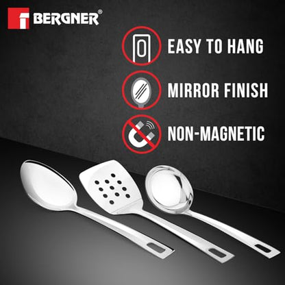 Image 7 of BERGNER TriPro 7 Pcs Tri-Ply Stainless Steel Induction Bottom Cookware Set | 22cm (2 LTR) Kadai with Glass Lid | 22cm (1 LTR) Frypan | 12cm (0.9 LTR) Coffee Warmer | Ladle | Serving Spoon | Turner