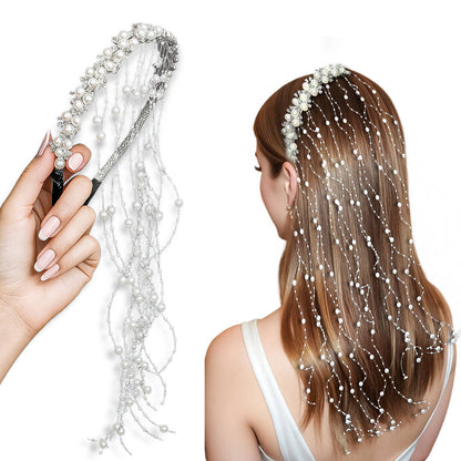 Image 1 of 1 pc for the product Majestique White Bridal Pearl Tassel Hairband With Crystals