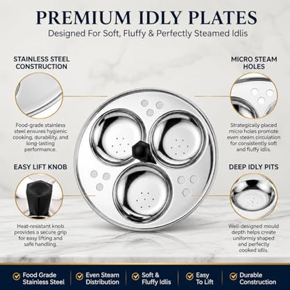 Image 5 of Eurostyle Premium Stainless Steel Idli, Idiyappam & Dhokla Steamer - ISI Mark Certified - (2Idli plates(6 idlis)  Steamer) for Flawless Fluffy Idlis - 1.5L capacity - 3Years warranty (Stainless Steel) - Royal 6 Deluxe