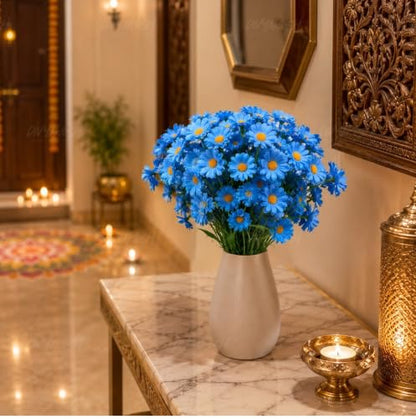 Image 7 of Divyakosh Artificial Daisy Flowers Bunch for Home Decor, Pack of 5 with 150 Blue Flowers, Faux Floral Arrangement for Vase, Living Room, Wedding, Festive & Party Decoration