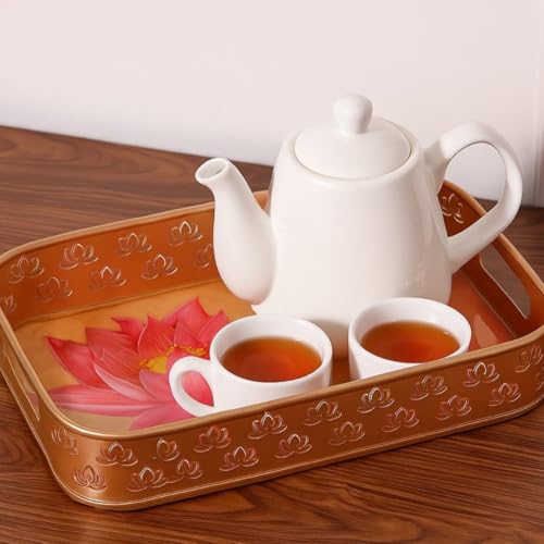 Image 4 of ALCU Serving Tray with Lotus Design, Iron Decorative Gold Finish Metal Tray (Rectangular Lotus Tray)
