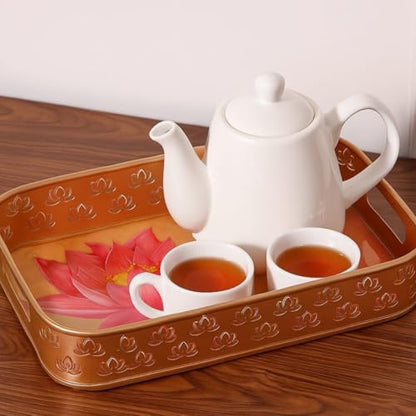 Image 4 of ALCU Serving Tray with Lotus Design, Iron Decorative Gold Finish Metal Tray (Rectangular Lotus Tray)