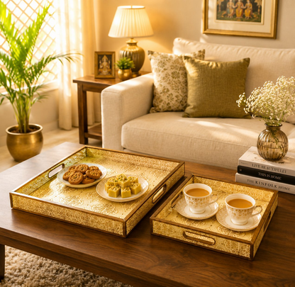 Image 2 of Sattvya Gifting Golden Printed Square Serving Trays - Set of 2