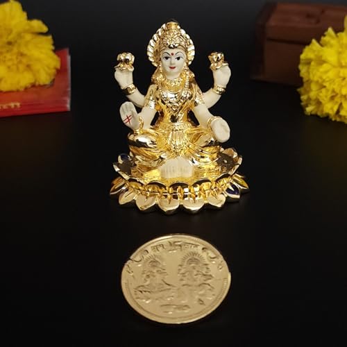 Image 4 of Gold Art India Laxmi Idol on Kamal Gold Plated with Off White Terracotta Work with Gold Plated Coin