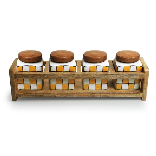 Image 3 of ExclusiveLane Shatranj Checkered Multi Utility Storage Ceramic Jars with Wooden Holder Set of 4 240 ml