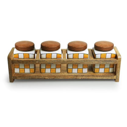 Image 3 of ExclusiveLane Shatranj Checkered Multi Utility Storage Ceramic Jars with Wooden Holder Set of 4 240 ml