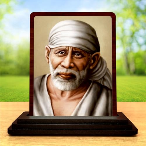 Image 2 of Sai Baba Wooden Idol for Pooja Room 4x5 Inch HD Printed Golden Glow Decor