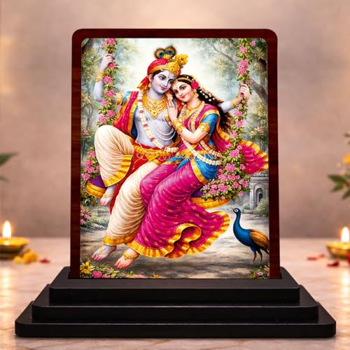 Image 1 of Default Title for the product Radha Krishna Ornate Frame Wooden Idol 4x5 Inch HD Printed Table Decor for Home Temple