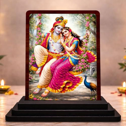 Image 1 of Default Title for the product Radha Krishna Ornate Frame Wooden Idol 4x5 Inch HD Printed Table Decor for Home Temple