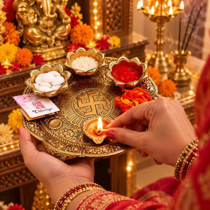 Image 4 of Chhariya Crafts Metal Pooja Thali With Diya (1 Pieces, Gold)