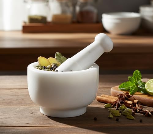 Image 3 of KLEO White Marble Stone Mortar and Pestle Set 5" Diameter