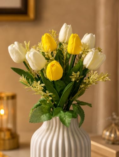 Image 2 of Divyakosh Artificial Flowers Bunch (Vase Not Included). Artificial Flower for Vase Flower Bouquet Gift, 8 Artificial Tulips (5 Ivory White & 3 Soft Yellow), Home Deﾌ…or for Living Room