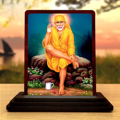 Image 1 of Default Title for the product Saibaba Wooden Idol - Glossy Finish/Size 3x4 in - Showpiece for Home Decor Figurine for Home