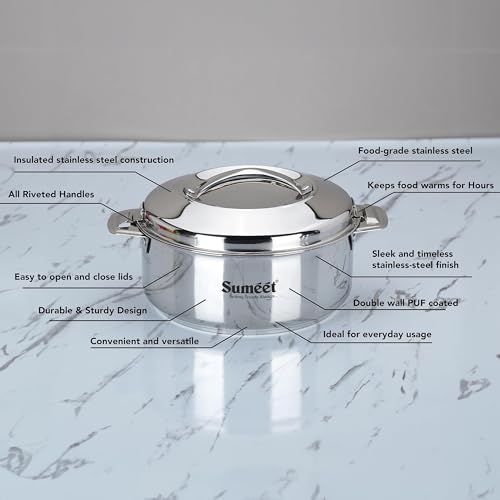 Image 3 of Sumeet Stainless Steel Insulated Casserole Hot Pot – Double Wall Thermal Hot Food Container, 1.6L, Mirror Finish, Silver