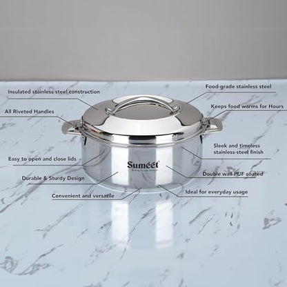 Image 3 of Sumeet Stainless Steel Insulated Casserole Hot Pot – Double Wall Thermal Hot Food Container, 1.6L, Mirror Finish, Silver