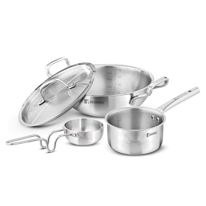 Image 1 of Default Title for the product BERGNER TriPro 4 Pcs Tri-Ply Stainless Steel Cookware Combo - 24cm/3L Kadai with Lid, 16cm/1.7L Teapan, 12cm/500ml Tadka Pan