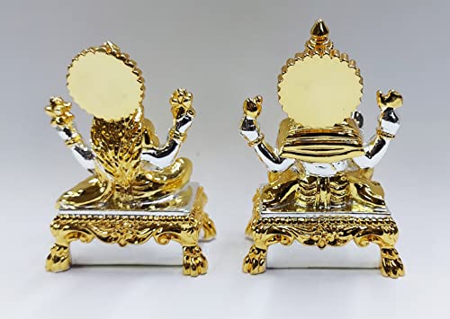 Image 3 of Gold Art India Peeth Laxmi Ganesha Gold & Silver Plated Two Tone Idol for Home with Gold Plated Coin Laxmi Ganesh Idol for Diwali Pooja Laxmi Ganesh Murti for Gift, Laxmi Ganesh Idol Set, (2.75" Inch)