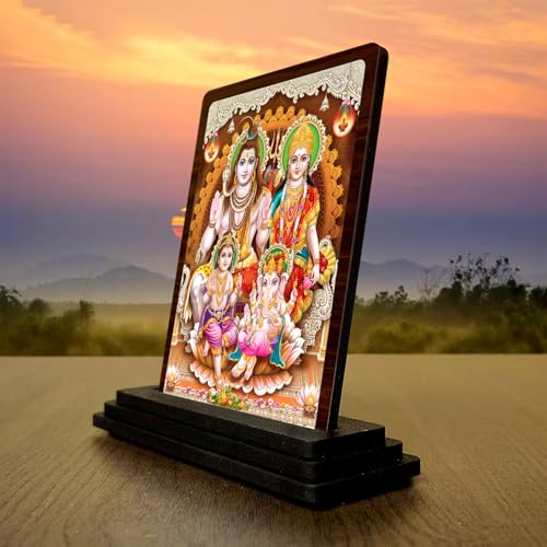 Image 3 of Timeless Prayer Shiv Parivar Wooden Table Idol 4x5 Inch HD Printed Decorative Piece