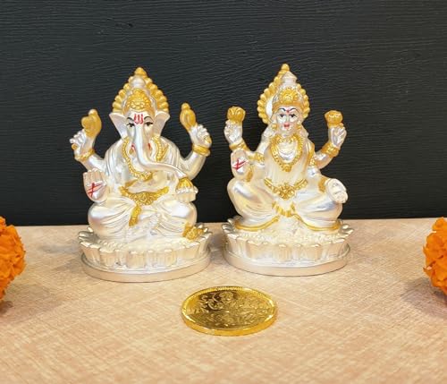 Image 1 of Default Title for the product Gold Art India Oval Kamal Laxmi Ganesha Silver Matte Idol for Home with Golden Jewelry and Gold Plated Coin 3" Inch
