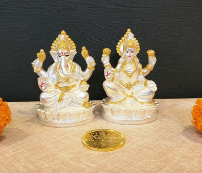 Image 1 of Default Title for the product Gold Art India Oval Kamal Laxmi Ganesha Silver Matte Idol for Home with Golden Jewelry and Gold Plated Coin 3" Inch
