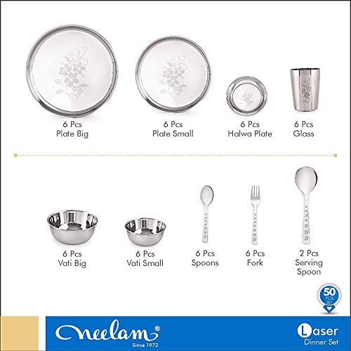 Image 4 of neelam Stainless Steel Dinner Set, Premium Quality, Laser Etching 51 Pcs, Dishwasher Safe, Ideal Gifting Dinner Set for Anniversary, Wedding, Housewarming Party, Perfect for Serving 6 People, Silver