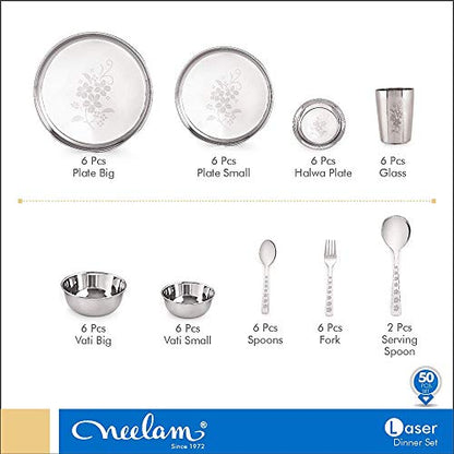 Image 4 of neelam Stainless Steel Dinner Set, Premium Quality, Laser Etching 51 Pcs, Dishwasher Safe, Ideal Gifting Dinner Set for Anniversary, Wedding, Housewarming Party, Perfect for Serving 6 People, Silver