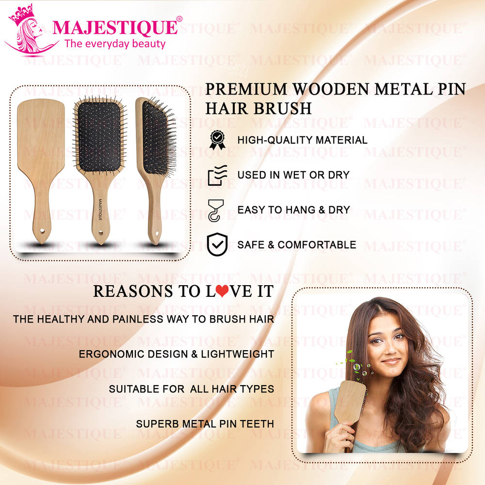 Image 6 of Majestique Wood Hair Brush - Eco Friendly Paddle Hairbrush, Bamboo Brush with Pin Bristles
