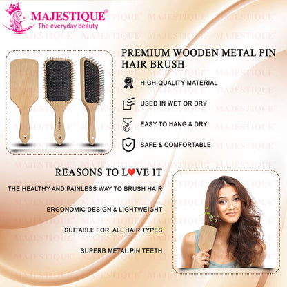 Image 6 of Majestique Wood Hair Brush - Eco Friendly Paddle Hairbrush, Bamboo Brush with Pin Bristles