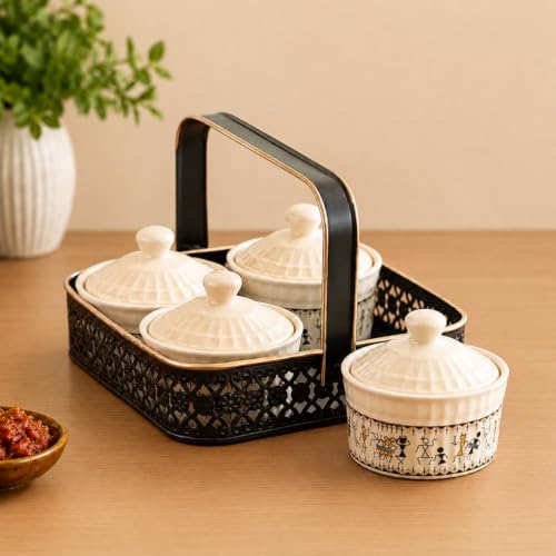 Image 1 of Default Title for the product ExclusiveLane Whispers of Warli Ceramic Pickle Jars with Iron Holder Set of 4 160 ml