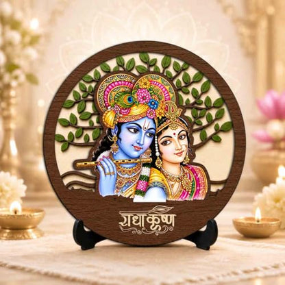 Image 2 of Radha Krishna Table Top Wooden Idol/Murti for Mandir Decoration, Office Desk & Festive Gift | Prayer Corner - 5x5 Inch