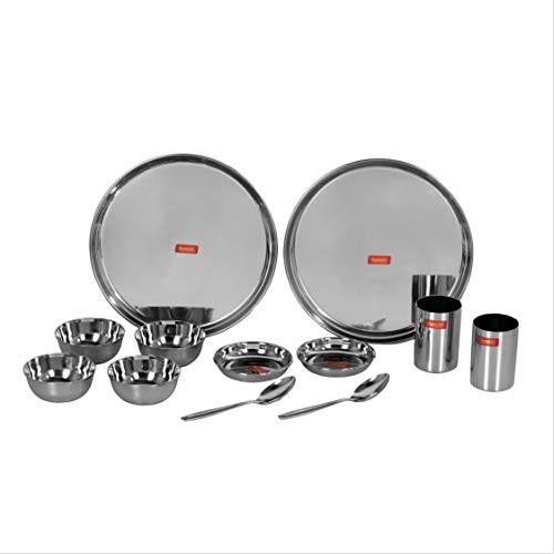 Image 1 of Default Title for the product Sumeet Stainless Steel Solid Heavy Gauge Mirror Finish Dinner Set Of 12 Pcs (2 Plate, 2 Small/Halwa Plate, 4 Bowl/Wati, 2 Glass, 2 Spoon)