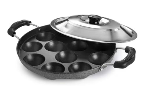 Image 1 of Default Title for the product Generic Traditional Non-Stick Appam Patra Pan, 12 Cavity Cast Iron Paniyaram Maker with Stainless Steel Lid, Black, Heavy Duty Handles